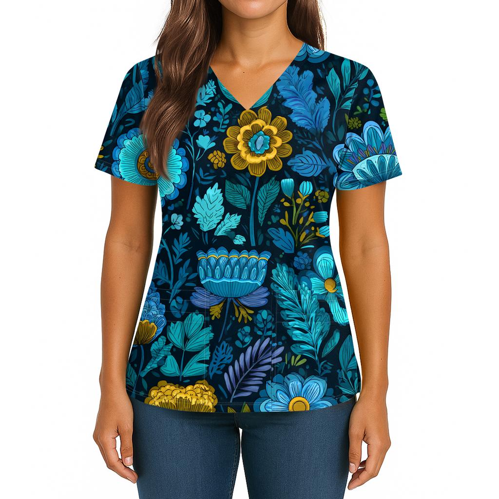 Damska Retro Drukowana Bluzka z Dekoltem w Serek, Podwójną Kieszenią, Krótkim Rękawem, Rozcięciem na Dole, Uniform Pielęgniarki