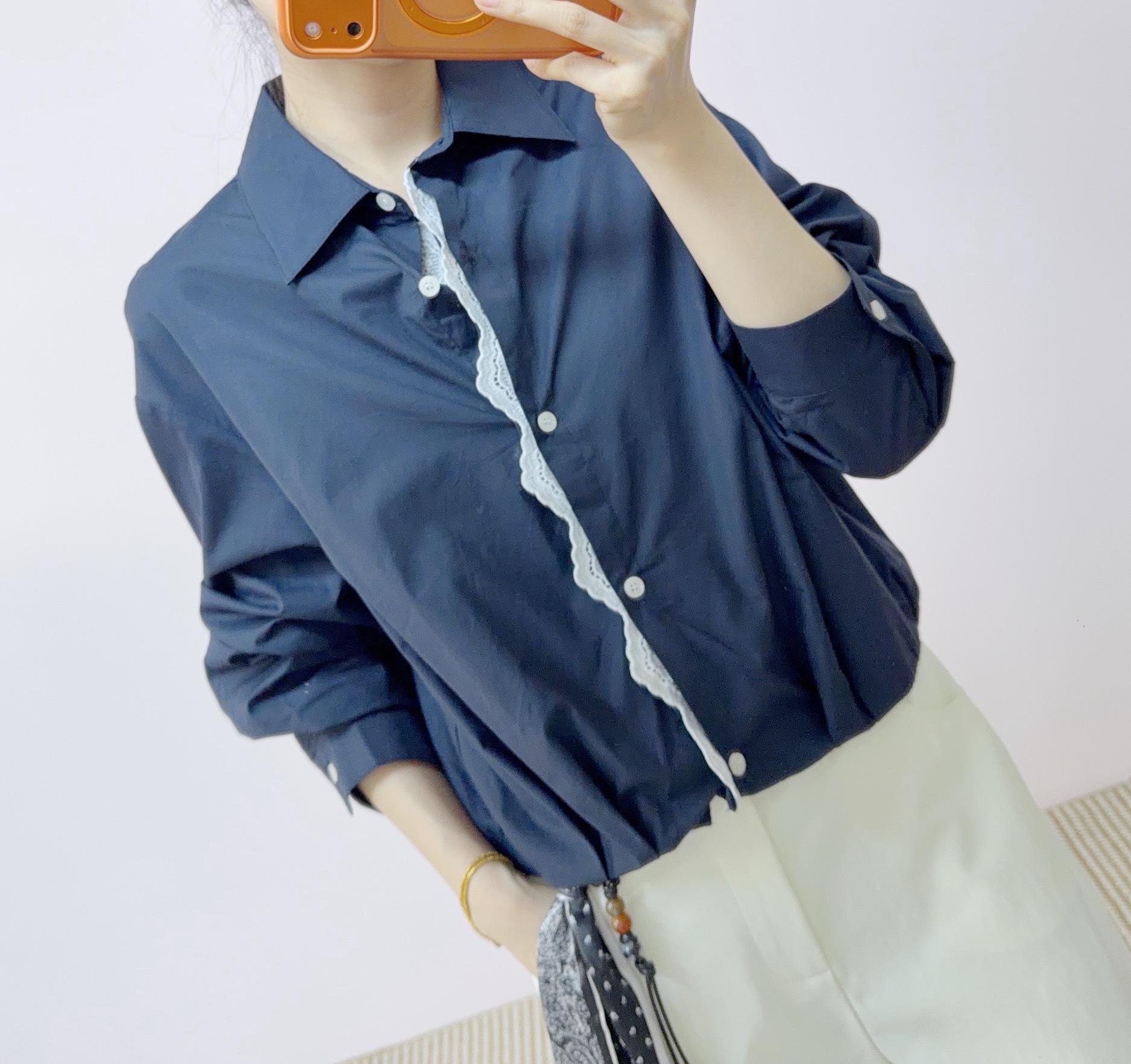 

2026 Summer/Autumn Fashion Patchwork Lace Two-Piece Look Shirt Top XXL (70-75 kg) темно-синього кольору