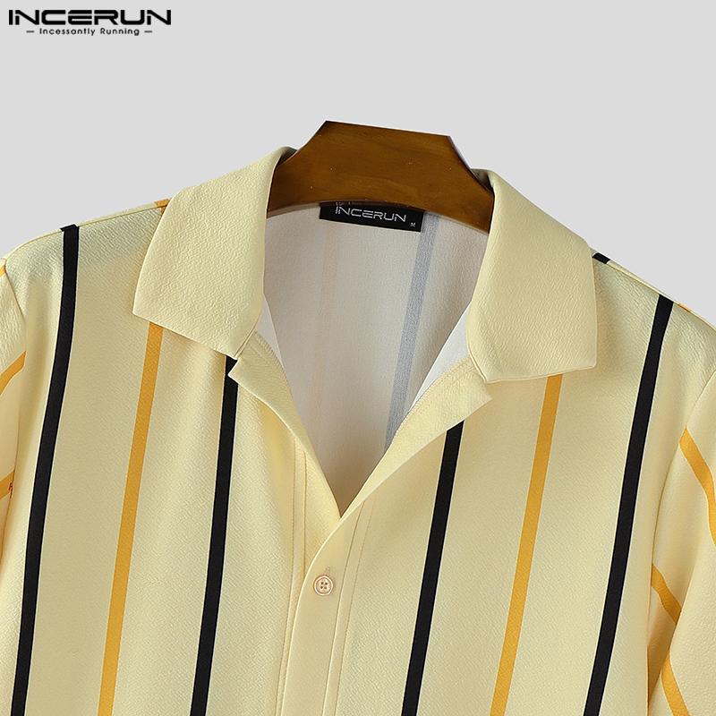 INCERUN Oversized Men Short Sleeve Striped Print Buttons Casual Loose Shirts Tops