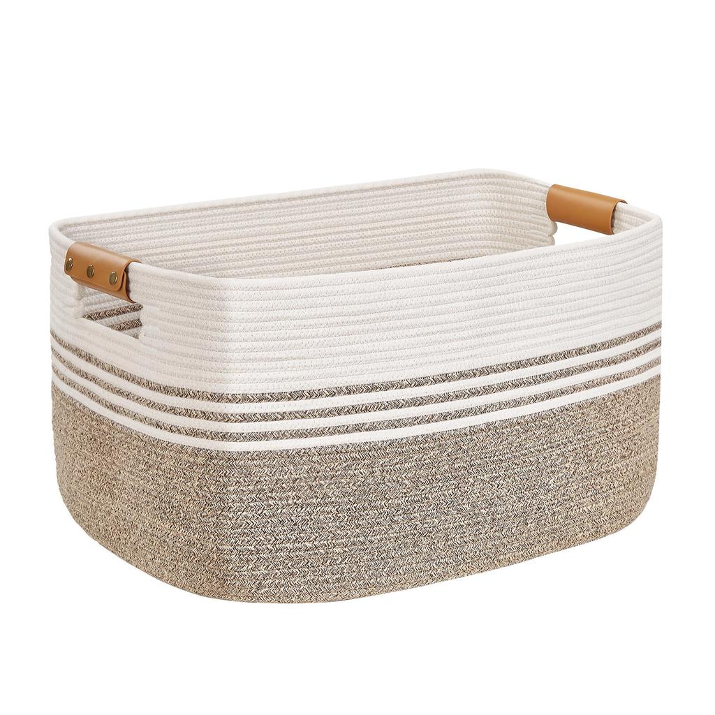 VECELO Rope Basket, Laundry Basket, 55cm Wide x 43cm Deep x 30cm High, Leather Handle, Woven, Large Capacity, Simple Design, Natural Cotton, Easy to