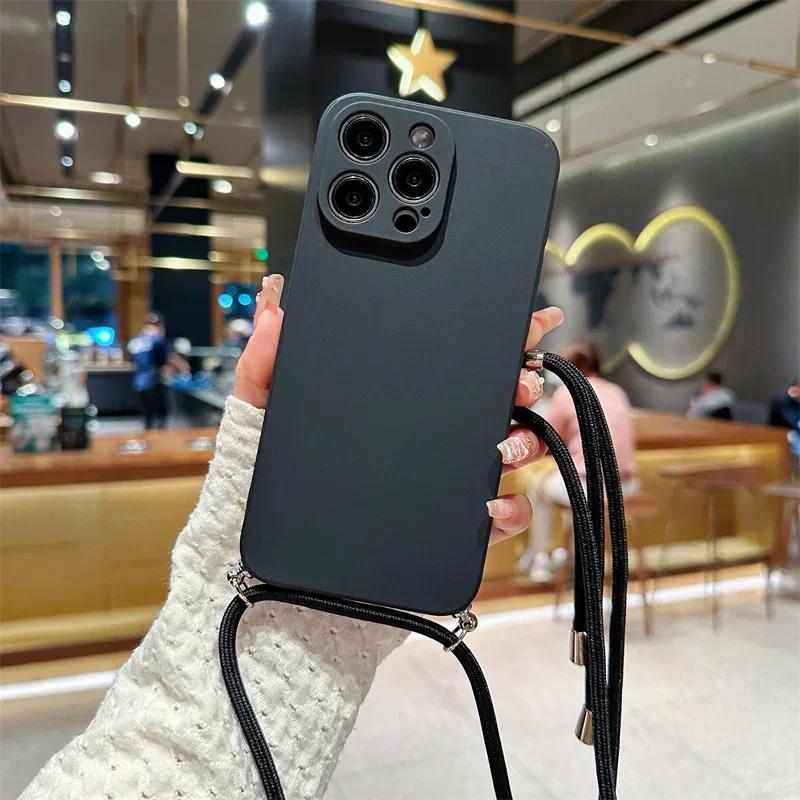 Crossbody Lanyard Candy Color Phone Case For Iphone 17 Air 16 16E 15 14 13 12 11 Pro Max Plus Silicone Soft TPU Back Cover
