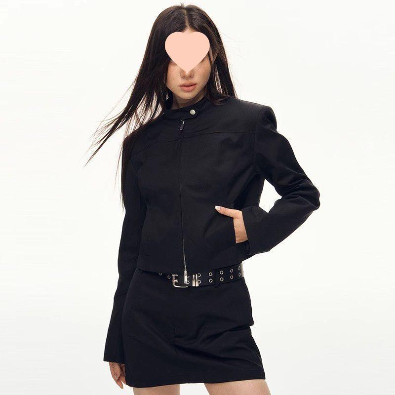 Amerikanische Retro Cool Hot Girl Schwarze Stehkragen Schlankmachende Frühlingsjacke für Damen