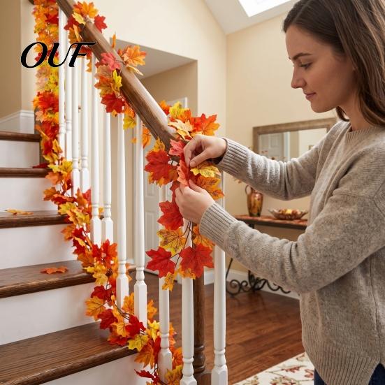 Simulated Foliage for Porch 2Pcs Artificial Fall Leaves Garland, Autumn Maple Leaf Vines Thanksgiving Garland Mantle Decor, Faux Indoor Outdoor