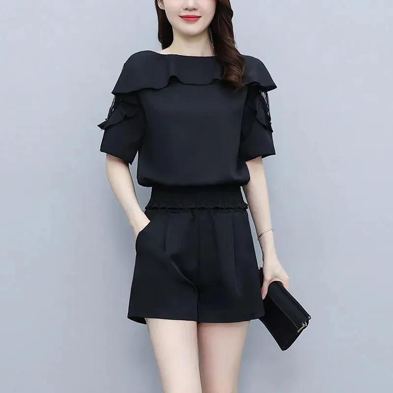 Fat Sister Niche Lace Short-sleeved Slim Suit Large Size Womens Summer Clothing Professional Two-piece Collection