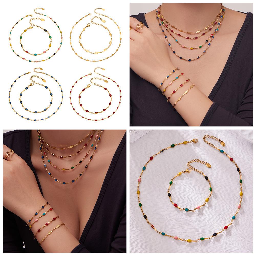 European Style Dopamine Color Block Necklace & Bracelet Set: Stainless Steel Drip Oil, Clavicle Design, Simple & Stylish Personality.
