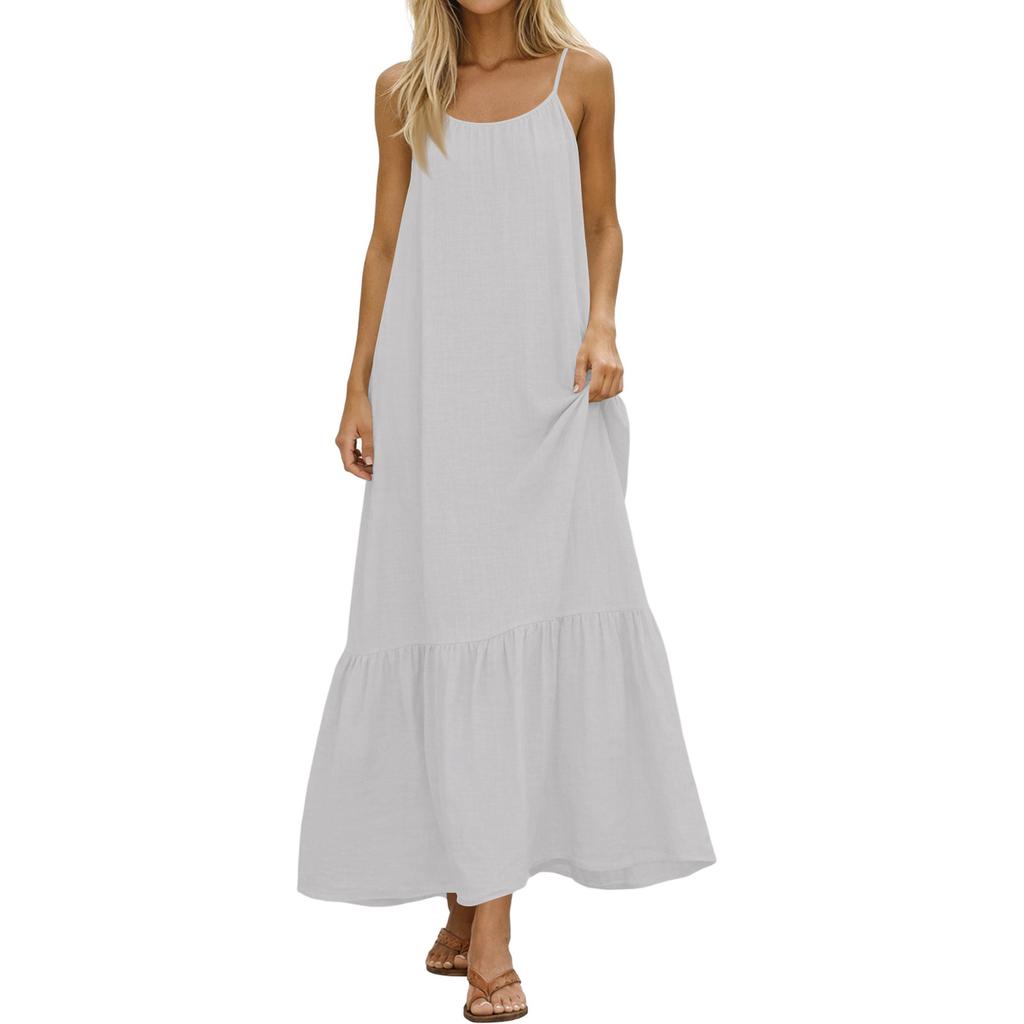 Dames Zomerjurken Spaghetti Bandjes Ronde Hals Gerimpeld Ruches Vloeiend Boho Maxi Jurk