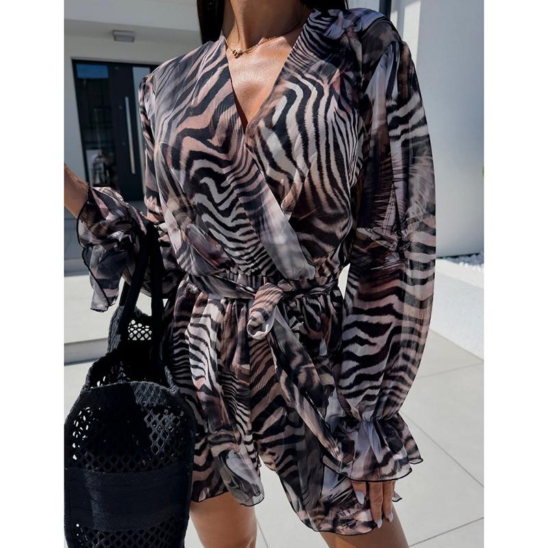 Neue Mode Vintage Puffärmel Print Floral Jumpsuits Damen Elegant Slim Fit Casual Damen Strampler V-Ausschnitt Schnürung Bürodame Sommer Bodys 26160