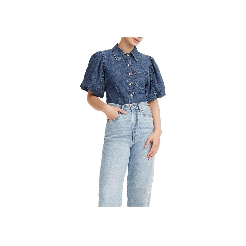 Levis Jednobarevná džínová košile s čtvercovým výstřihem a pufovanými rukávy Dámské košile Modrá A1878-0000