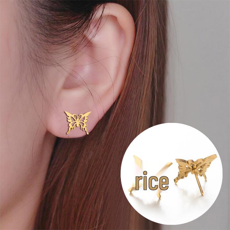 Korean-Style Butterfly Hollow Stud Earrings - Stainless Steel Insect Ear Bone Studs