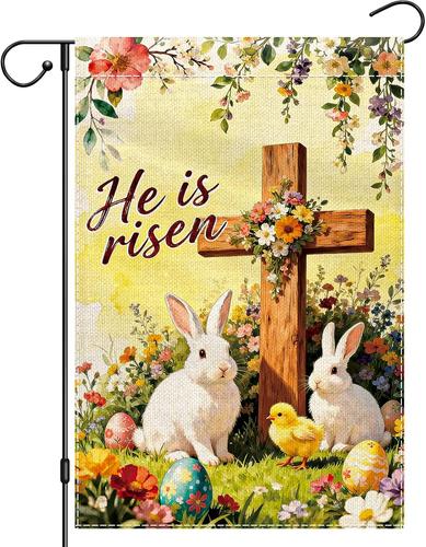 He Is Risen Garden Ag 12X18 Inch Double Sided, Easter Religious Cross Bunny