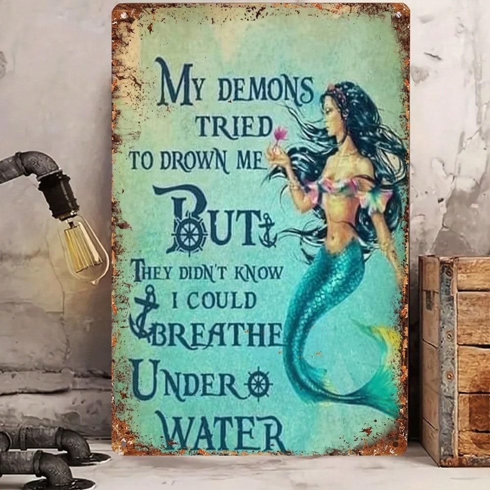 Vintage Mermaid Tin Sign Wall Art 8x12 Inch Metal Decor for Home Bar Cafe