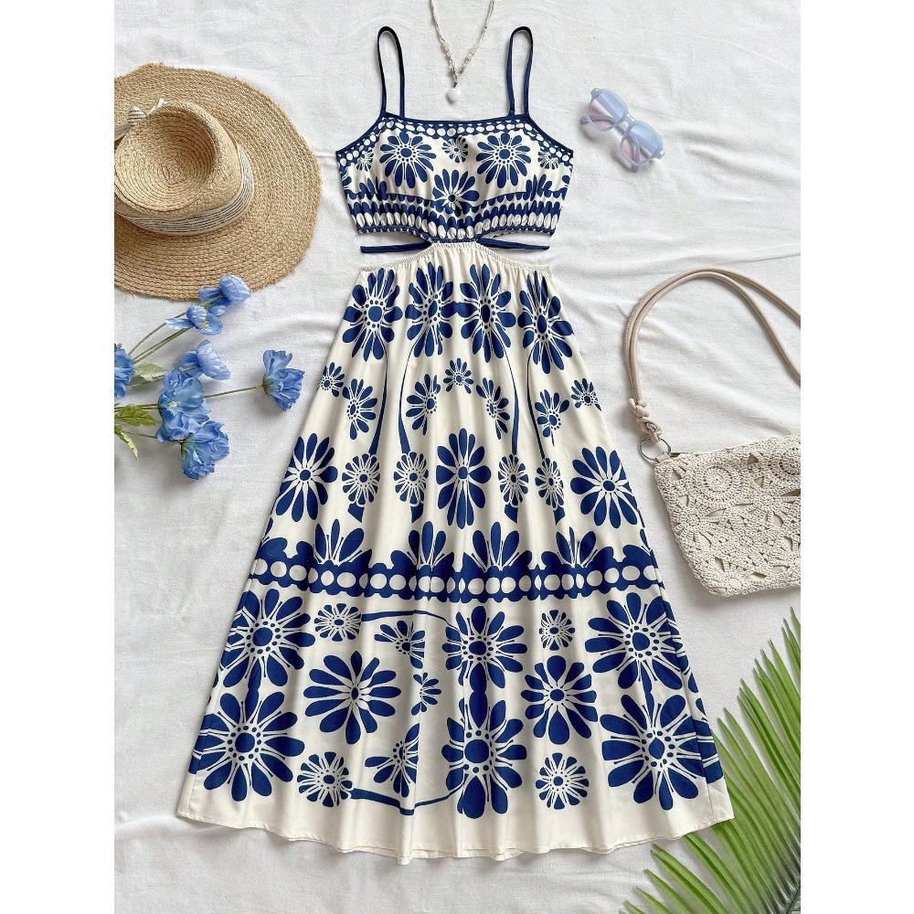 Women s Floral Print Cutout Waist Maxi Dress Spaghetti Strap A-Line Beach Vacation Dress S