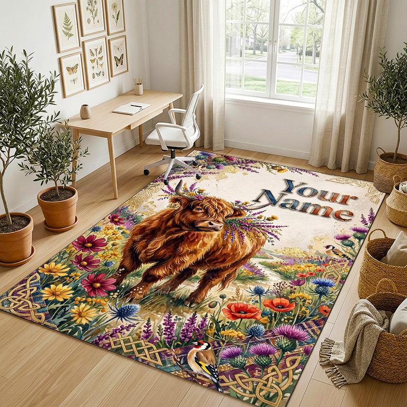 Cow Highland Theme Crystal Velvet Rug Personalized Custom Name Text Soft Floor Mat Home Decor