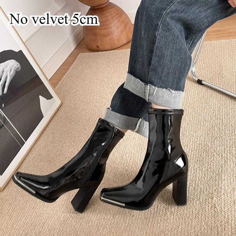 Niedrig geschnittene glänzende Damen-Lederstiefel, dicker Absatz, eckige Zehenpartie, High-Heel-Stiefel, Herbst und Winter, Lackleder, kurze Stiefel