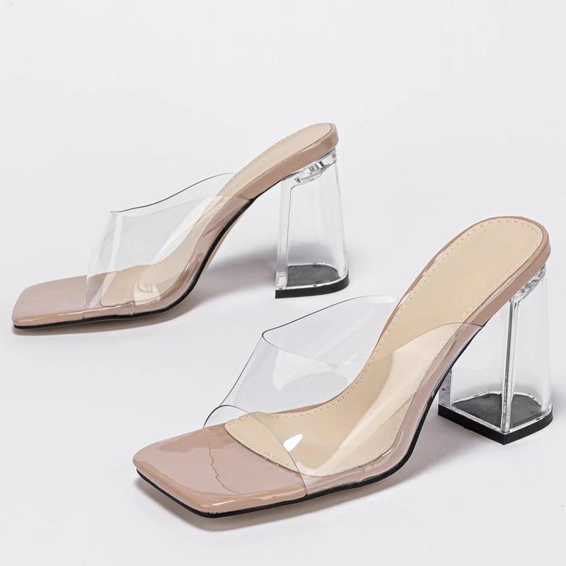 Sommermode PVC Transparent Zehenfrei Pantoletten Damen Klar Quadratisch Hohe Absätze Party Damenschuhe