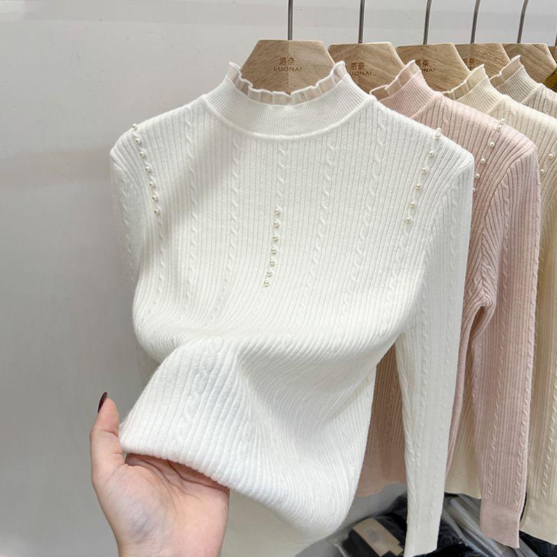 Lace High-neck Sweater Women's Autumn and Winter Twisted Pearl Slimming Pullover Top Sweater Knitted Sweater Long Sleeve