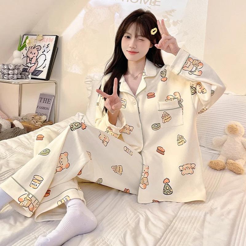 Autumn And Winter Pajamas Female Cute Cartoon Bear Cardigan Long-Sleeved Trousers Fashionable Versatile Loungewear Suit Can Be Worn Outside