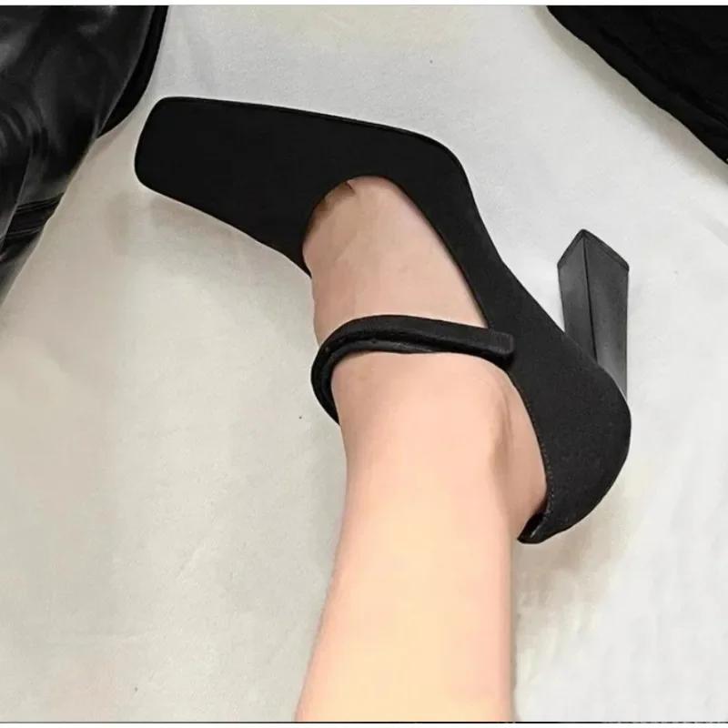 

Женские туфли на высоком каблуке, черные сексуальные туфли-лодочки с ремешком на щиколотке из искусственной замши с двойной пряжкой, весна-осень, Janes 35 чёрный