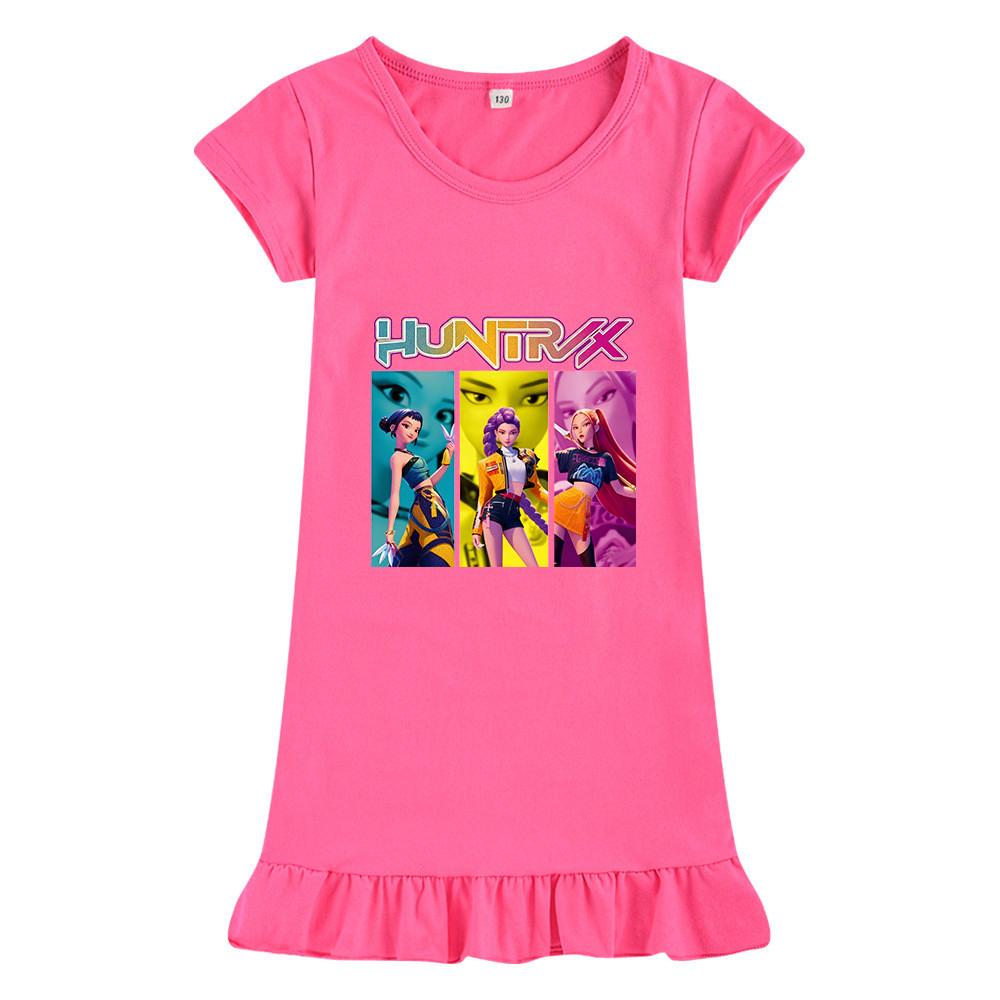 M1236 Kids Girls Kpop Rumi Zoey Mira Print Short Sleeves Ruffle Dress