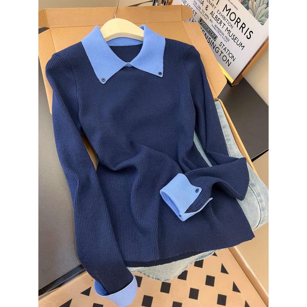 Maillard Coffee Lapel Bottom Top Women's Autumn and Winter Contrasting Olo Shirt Slim-fitting Versatile Commuter Knitted Sweater