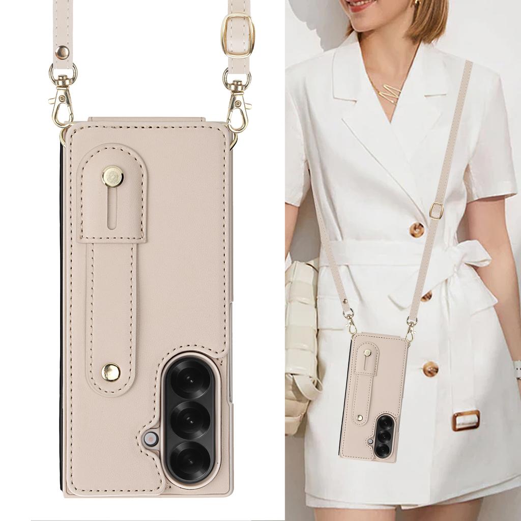 Crossbody pouzdro na telefon pro Samsung Galaxy Z Fold 7 Fold6 5 4 Kožené Kovový patent Zápěstní popruh Držák na karty Peněženka s popruhem