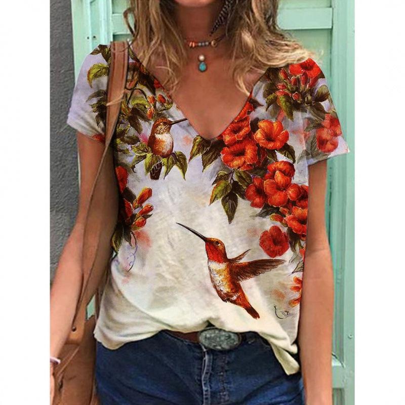 V-neck T Shirts Street 3D Printed Tees Short Sleeved Floral Bird Loose T-shirt for Women