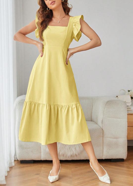 European and American summer new medium and long solid color splicing square neck dress A-shaped skirt