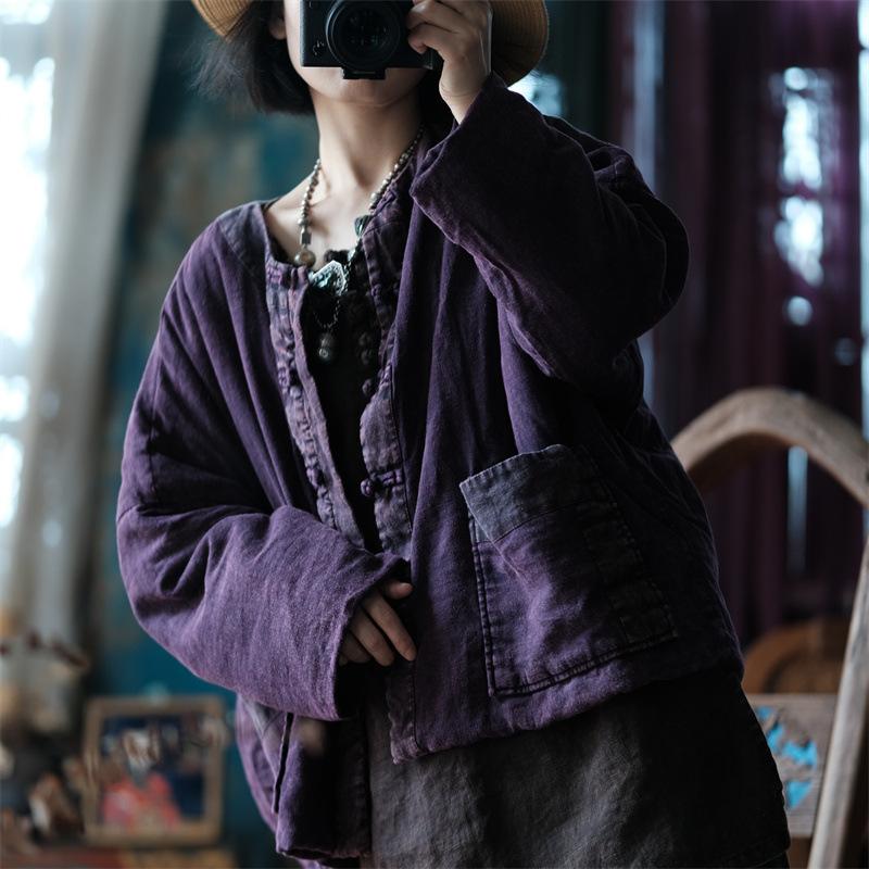 Johnature Vintage Women Purple O-Neck Long Sleeve Autumn Coats Button Patchwork Pockets Coats