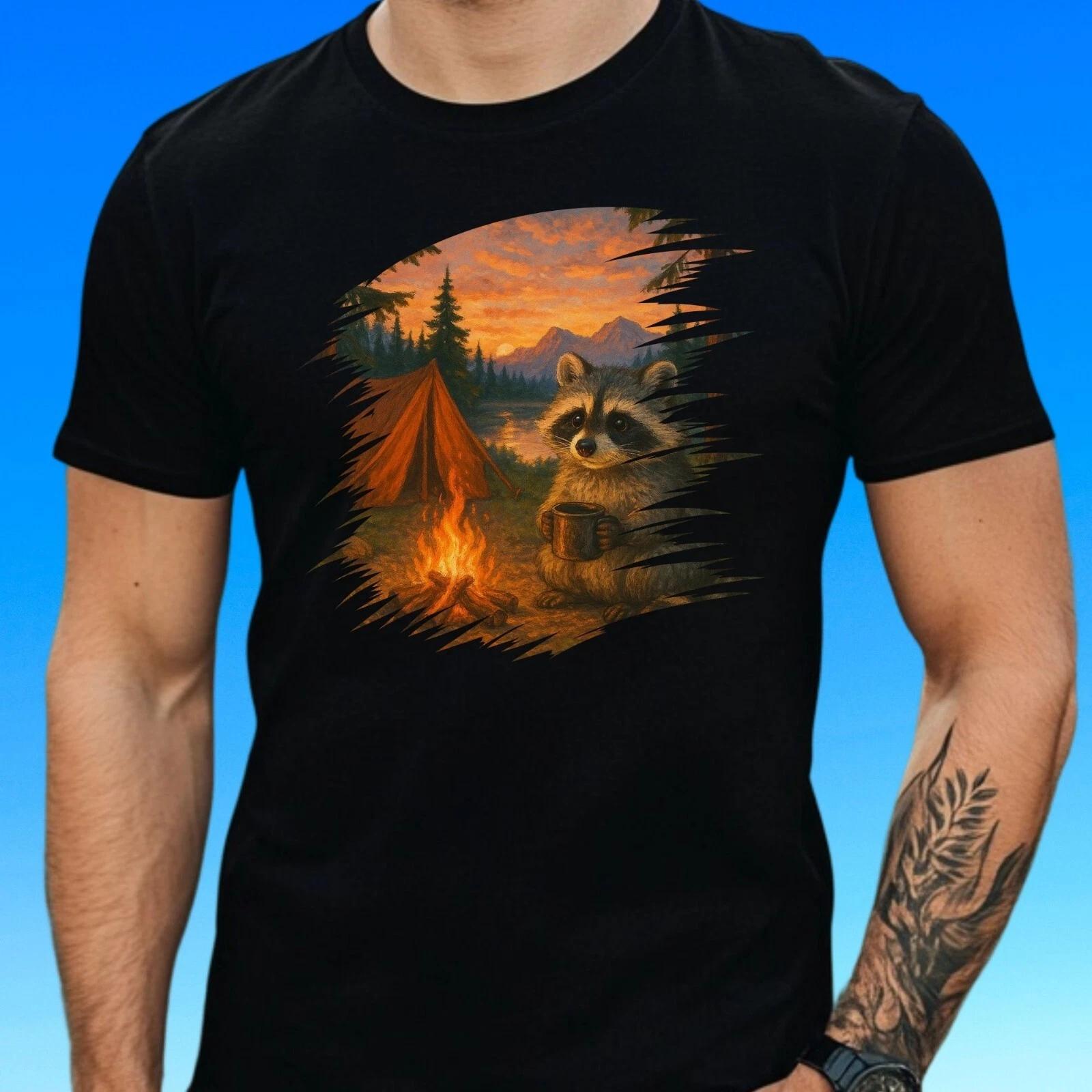 T-Shirt Herren Camping Waschbär Motiv Baumwolle Größe S bis 5XL S
