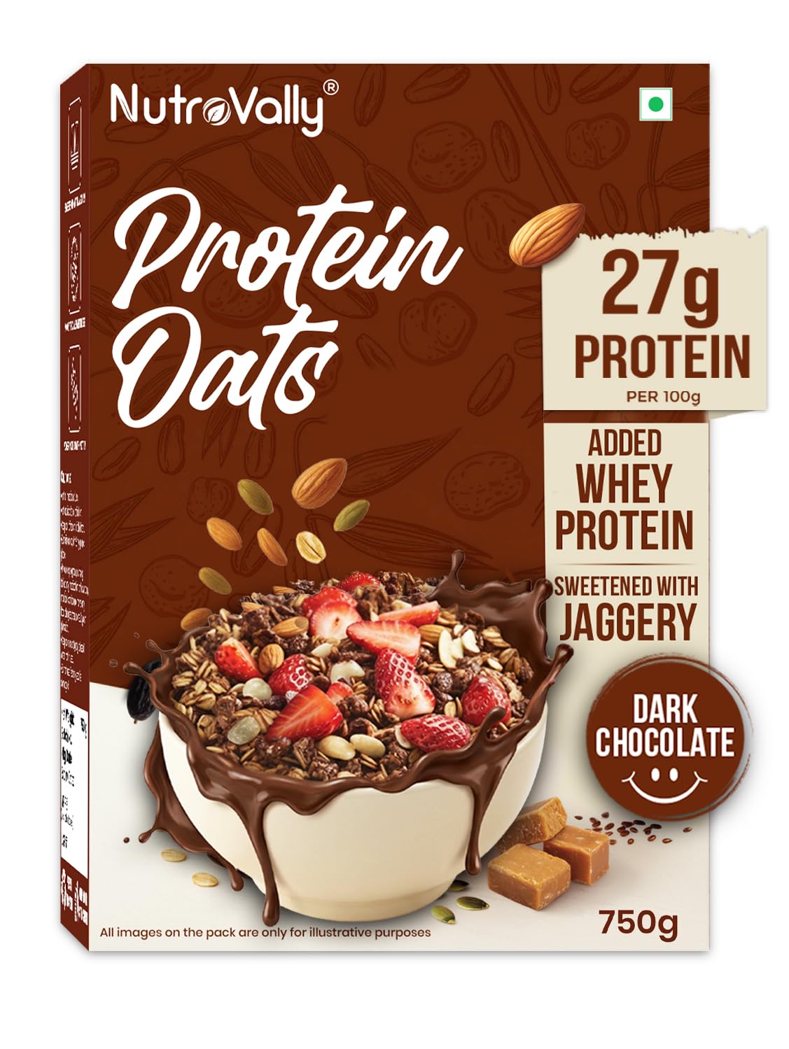 Nutrovally 27g High Protein Oats -750g| Gluten Free Rolled Oats with Jaggery & Dark Chocolate | Oats For Weight Loss | Healthy Breakfast Cereal Wit