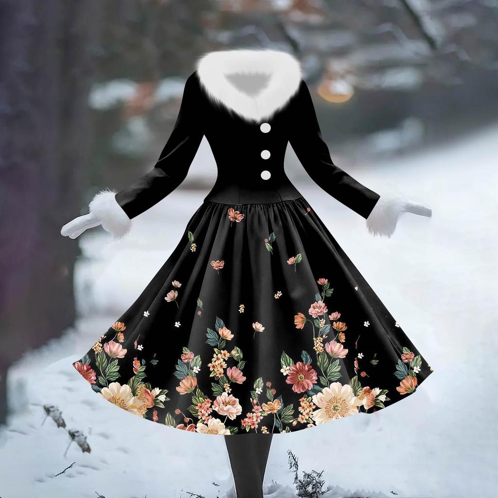 Women's Casual Dress Long-Sleeve V-Neck Patchwork Fleece Christmas Print Dress