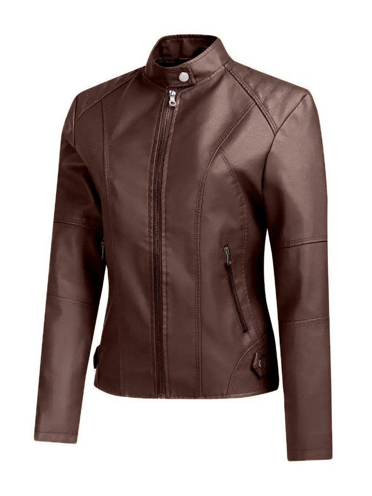 Women’s European-American Leather Motorcycle Jacket with Zipper - Retro Short Style