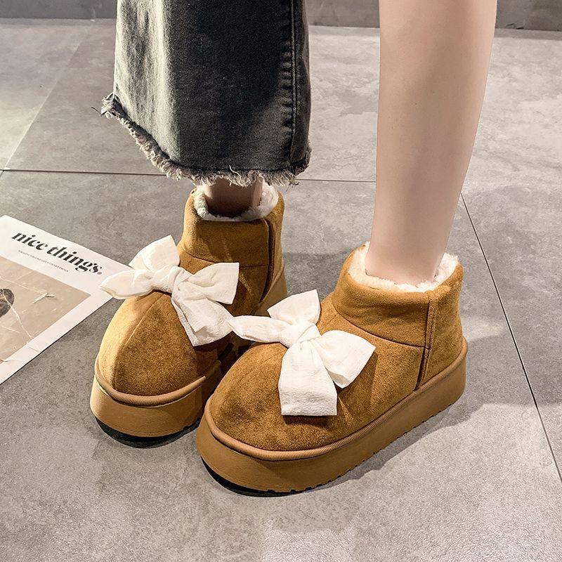 2025 Winter New Casual Bow Cotton Shoes Piled Thickened Soft-soled Snow Boots Versatile and Comfortable Outer Cotton Boots