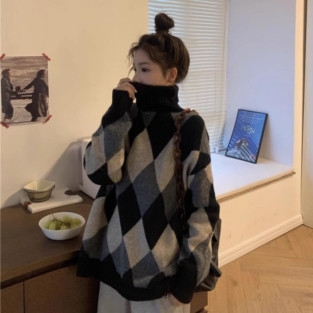 Women's Turtleneck Long Sleeve Sweater Oversized Loose Fit Argyle Color Block Knit Tunic Top Casual Winter Mid Length Pullover