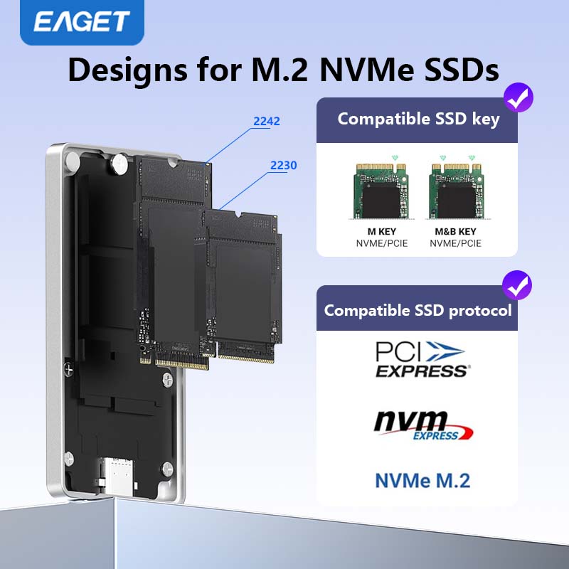 EAGET Ultra-thin SSD NVMe M.2 Adapter, USB 3.2 Gen 2 (10 Gbps) To NVMe PCI-E, Supports 2230/2242 Form Factor SSDs (No SSD Included)