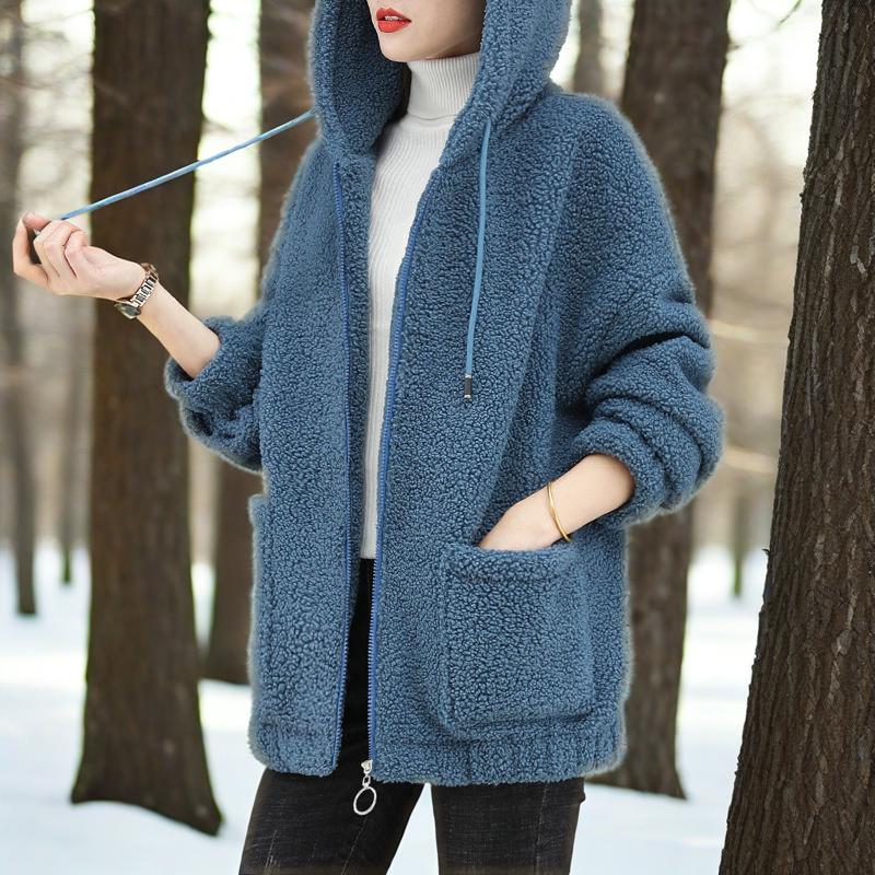 Lamb fleece hoodie for women with thickened fleece, loose autumn and winter Korean zipper cardigan, teddy fleece