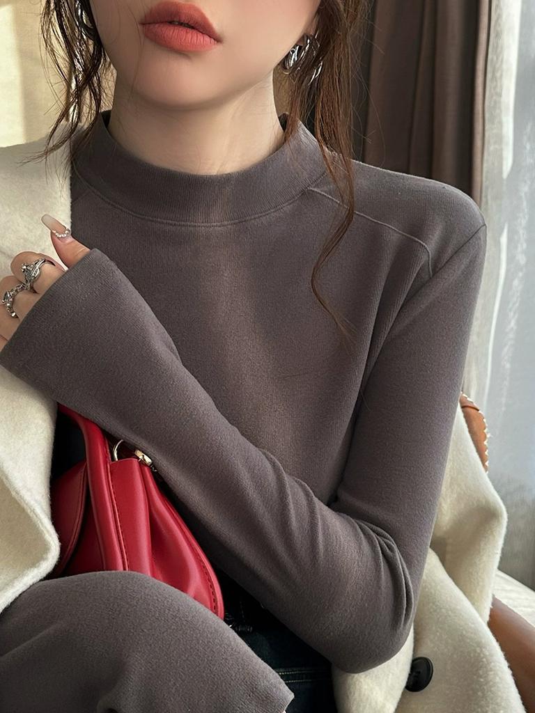 Temperament semi-turtleneck fishbone line design bottoming shirt women's spring slim-fitting simple long-sleeved inner collar top