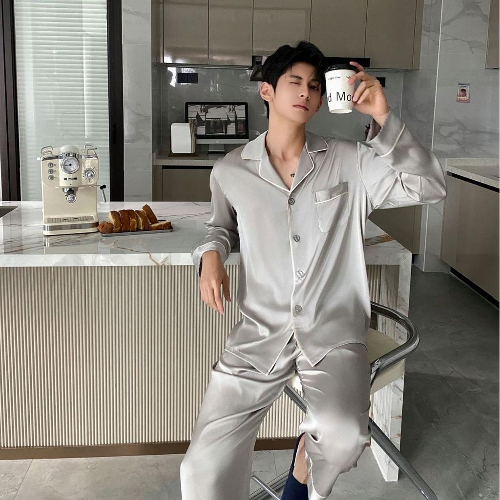 New pajamas boys spring and autumn summer long-sleeved trousers ice silk Korean high-end men's thin loungewear suit