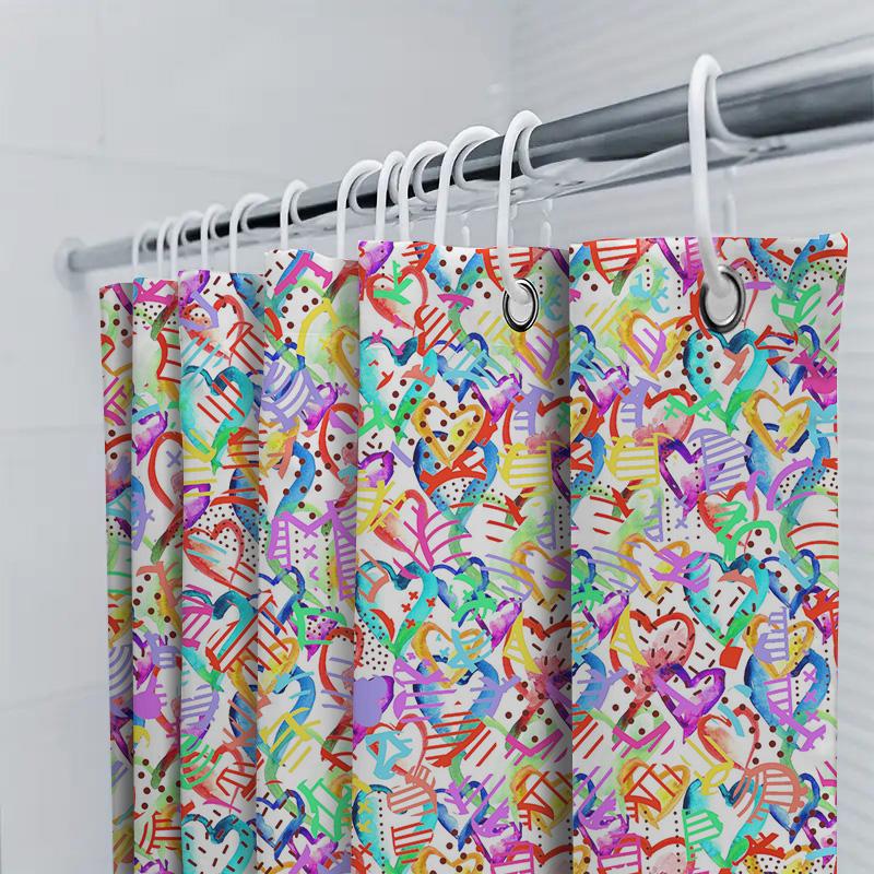 Colorful Love Heart Print Shower Curtain Waterproof Decorative Bathroom Liner Set