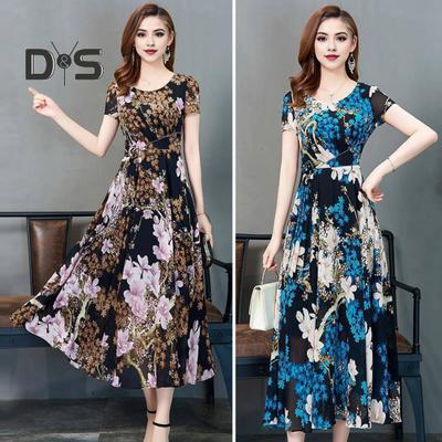 Summer Women Dress Floral Print A-line Big Hem High Waist Short Sleeves Round Neck Pleated Mid-calf Length Formal Party Commute Midi Dress