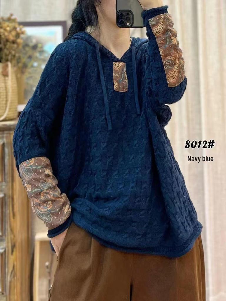 Autumn Digital Print Patchwork Hooded Cotton Sweater