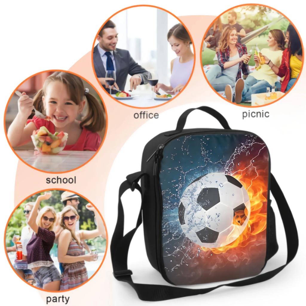 Soccer Ball In Fire And Water Insulated Lunch Bag for School Work Picnic Football Sport Tote Lunch Box Containers Cooler Bag