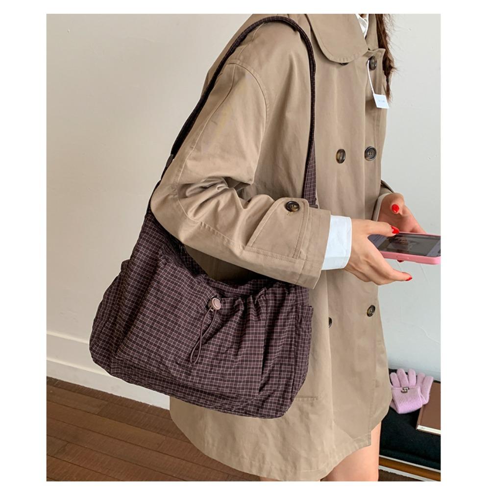 Składana torebka damska z regulowanym paskiem crossbody/na ramię i plisowanym designem z wieloma kieszeniami - Szkolna torba na książki w kratkę i paski