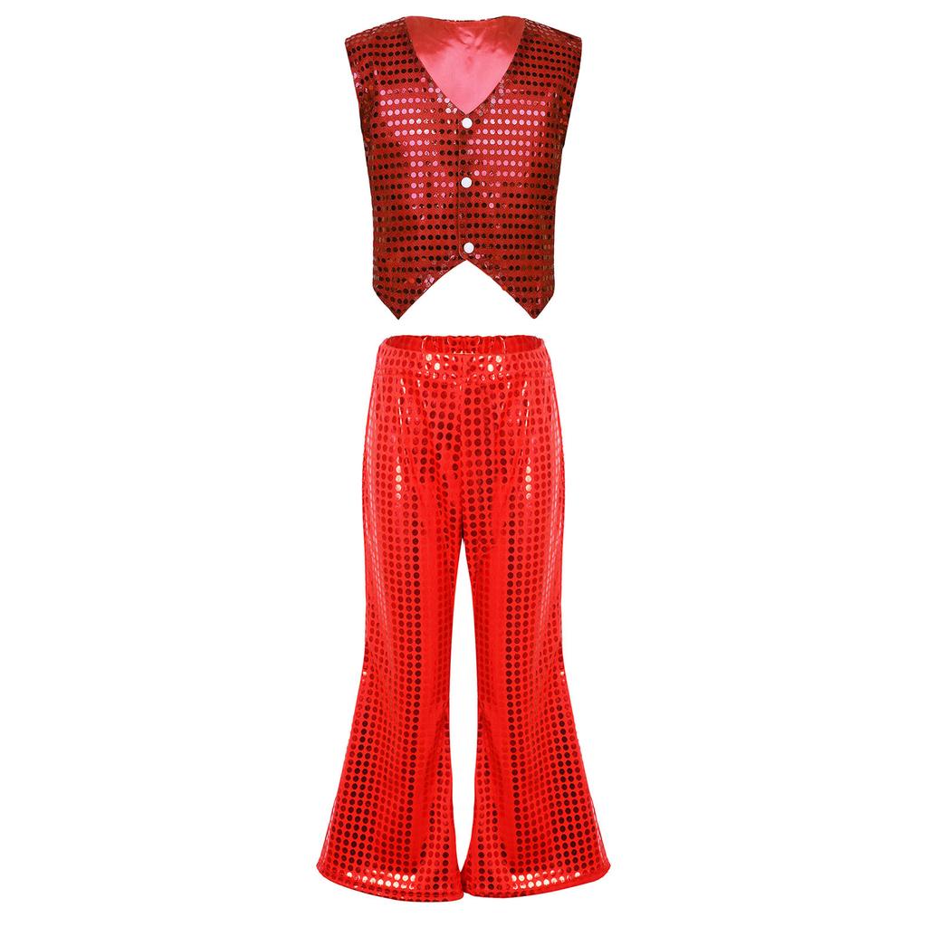 Kids Dance Costume Sparkly Sequined Waistcoat and Flowy Flared Pants Elastic Waistband Party Wear