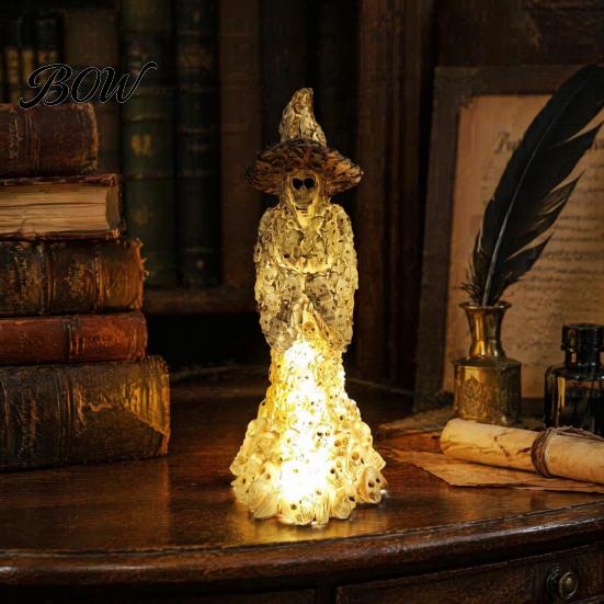 Decorative Witch Figurine Skeleton Resin Figurine, LED Light Up Gothic Statue, Spooky Fantasy Themed Gift Dark Ornament for Desk, Shelf, Mantel Indoor