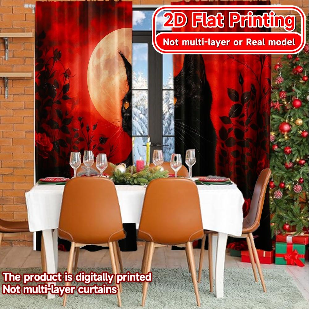 Set Of 2 Flat Printing Curtains Without Rod Moonlit Feline Halloween Festival Fashion Semi Festive Curtain With Light Filtering Polyester