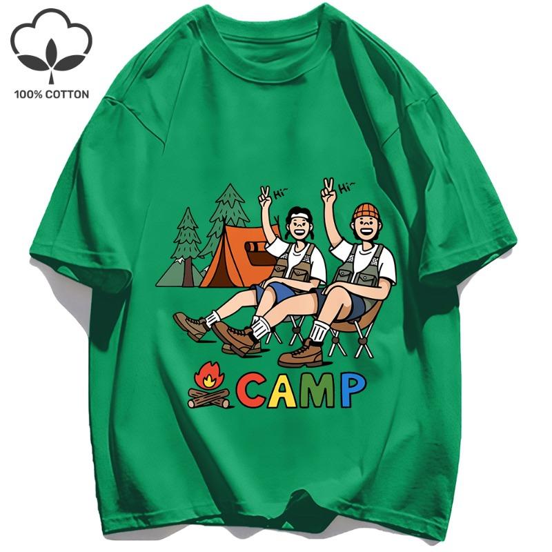 Attività Campeggio Felice Per Coppie Stampa T-Shirt Basiche Uomo T-Shirt Larga Casual Estiva Manica Corta Cotone Hip Hop Top
