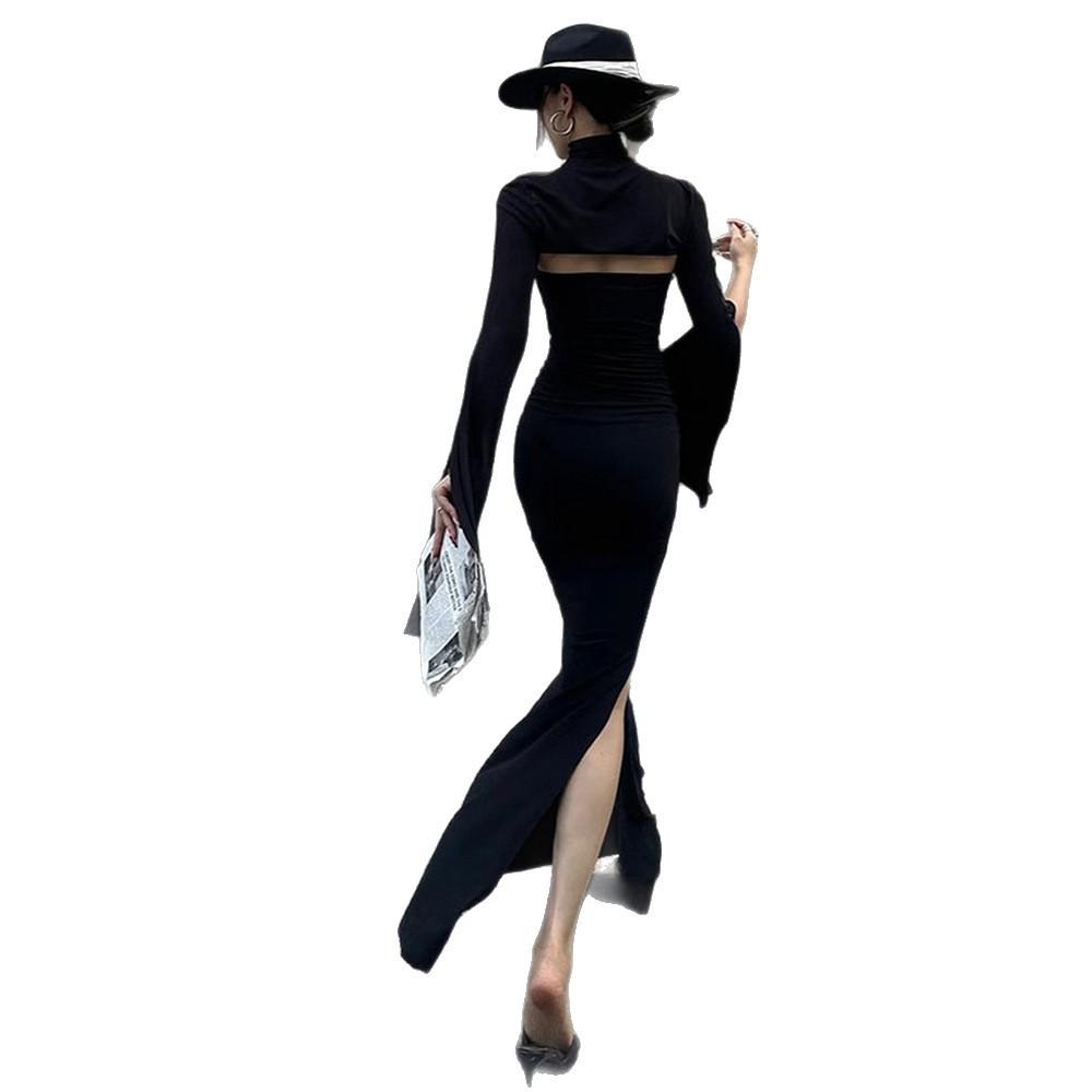 European and American niche design sense, high-grade black slim-fitting fishtail skirt, high-necked hollow-out split-end slim dress, dress