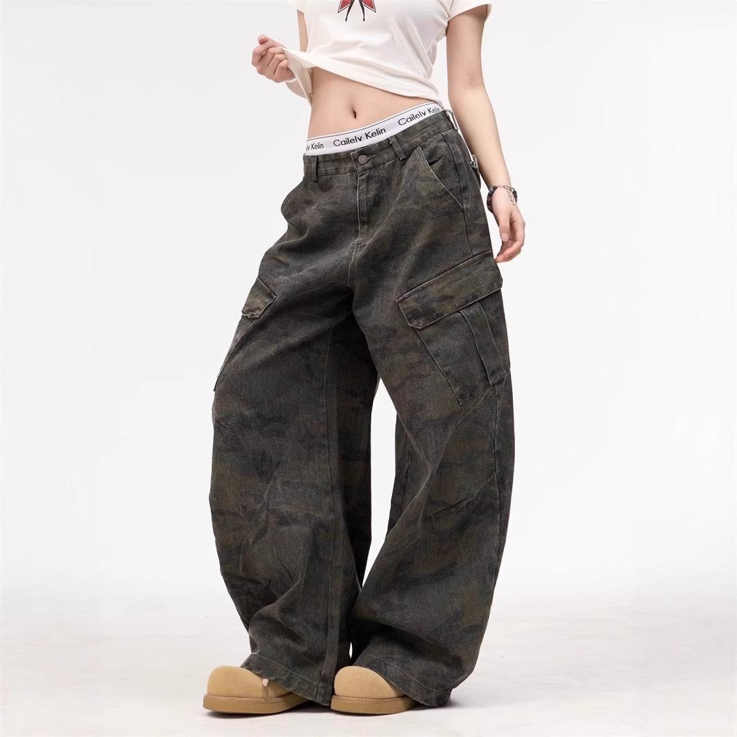 STREETRICH Ретро Американские Камуфляжные Рабочие Брюки Дизайн с Ножом Женские Мужские Парные Повседневные Брюки Свободный Крой L Талия Застежка-молния S