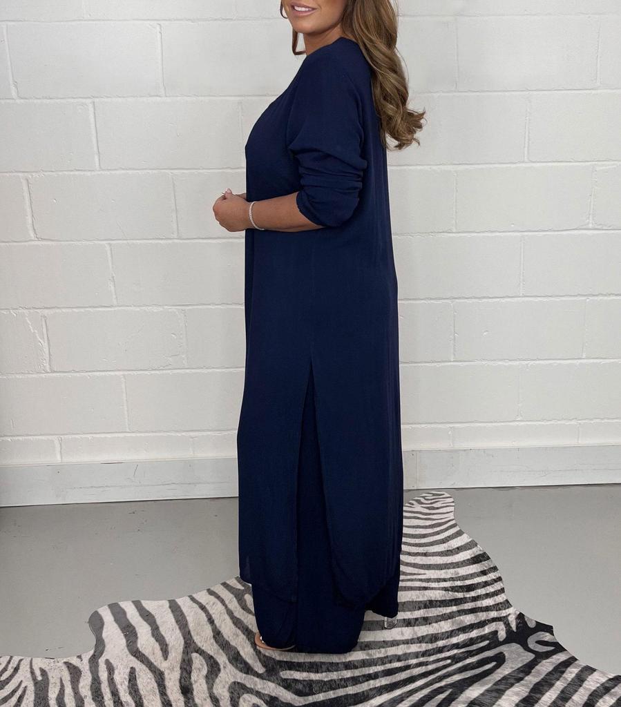 Women's V-Neck Long-Sleeve Slit Top with Wide-Leg Pants - Summer Solid Color Set